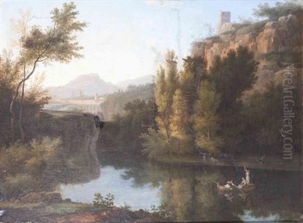 Paysage Au Lac Avec Des Jeunes Filles Sur Une Barque Oil Painting by Pierre-Henri de Valenciennes