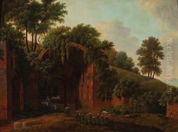 Italienische Ruinenlandschaft Mit Wascherin Oil Painting by Pierre-Henri de Valenciennes