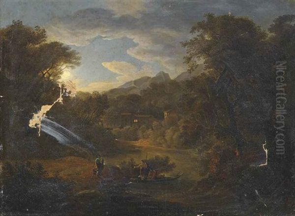 A River Landscape With Figures In A Boat, A Village Beyond Oil Painting by Pierre-Henri de Valenciennes