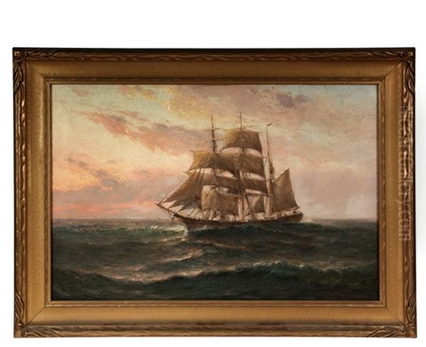Barque Underway At Sunset Oil Painting by Theodore Victor Carl Valenkamph