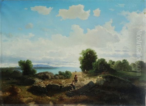 Scorcio Di Lago Con Figure Oil Painting by Gottardo Valentini