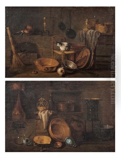 Interieur De Cuisine Avec Un Chat; Interieur De Cuisine Avec Un Poele (pair) Oil Painting by Giovanni Domenico Valentino