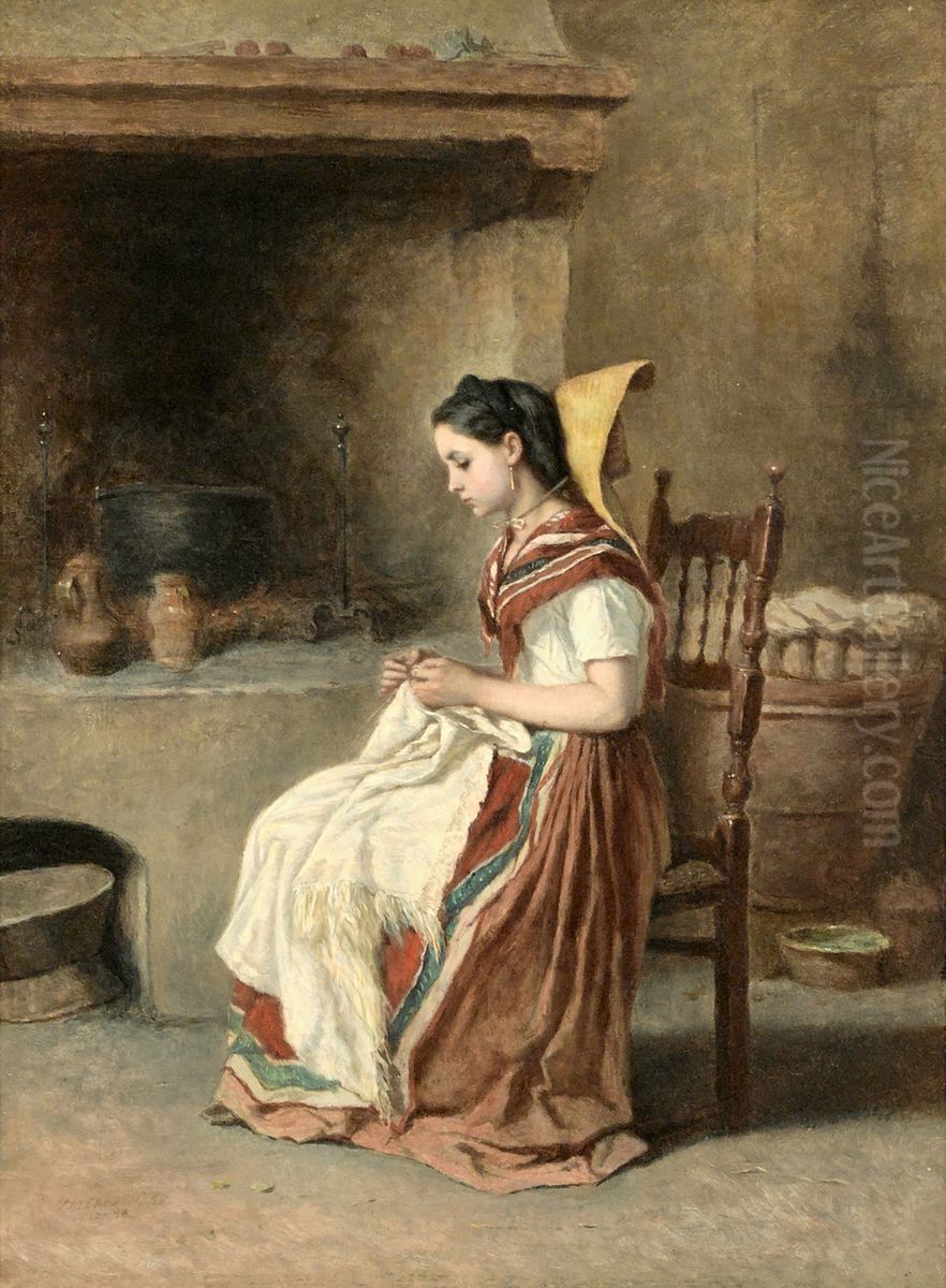 A Girl Sewing In The Kitchen Oil Painting by Theodore Valerio