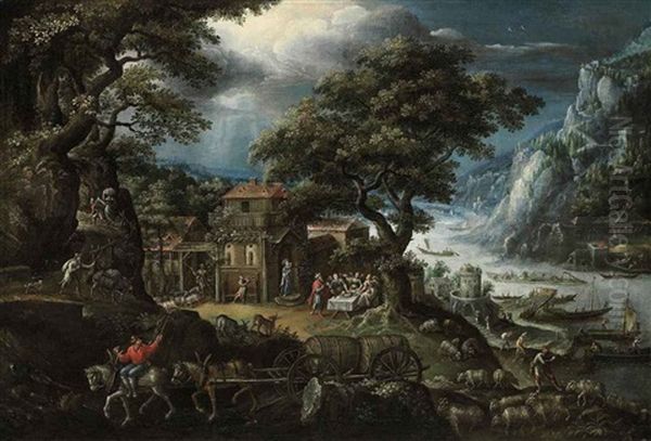 An Extensive, Mountainous, River Landscape, With Abraham And The Angels Oil Painting by Marten van Valkenborch the Elder