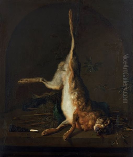 Jagdstilleben Mit Erlegtem Hasen, Star Und Schnepfe Oil Painting by Dirk Valkenburg