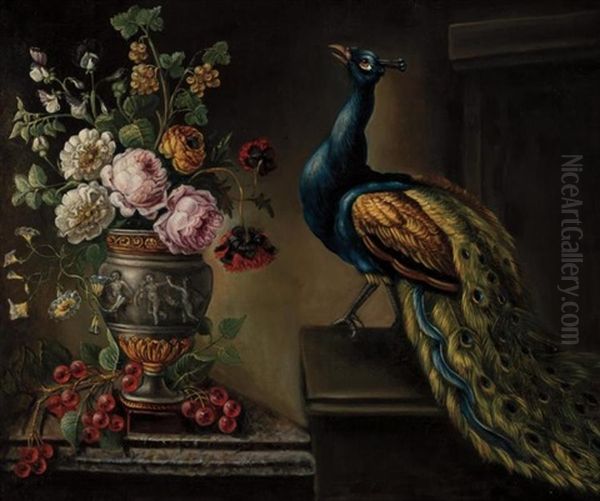 Vase Of Flowers With Fruit And Peacock Oil Painting by Anne Vallayer-Coster