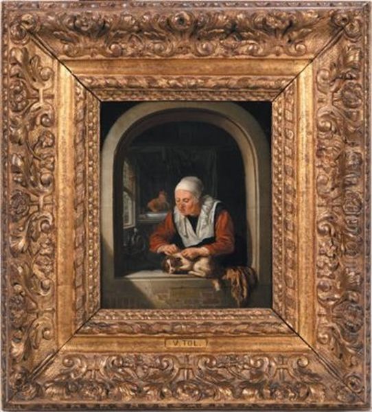 Vieille Femme Epucant Son Chien Sur Le Rebord D'une Fenetre Oil Painting by Domenicus Van Tol