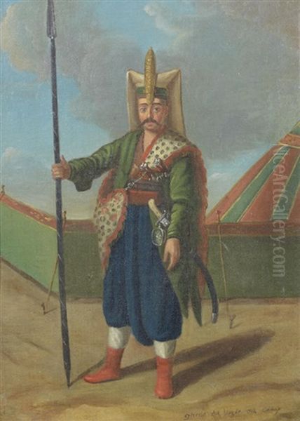 Portrait Of A Janissary, Standing Before An Encampment; And A Turkish Guard Before An Encampment (a Pair) Oil Painting by Jean Baptiste Vanmour