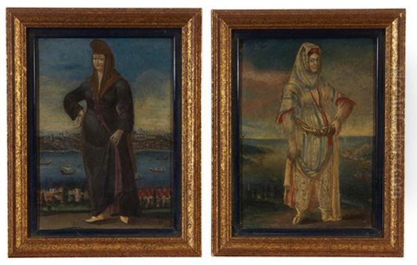 Femme Turque Devant Constantinople, Femme Orientale Devant La Baie (2 Works) Oil Painting by Jean Baptiste Vanmour