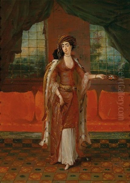 Eine Haremsdame In Turkischem Gewand Oil Painting by Jean Baptiste Vanmour