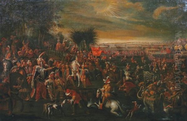 A Turkish Pageant With A Sultan, Numerous Figures And Animals, Elephants, Camels Etc Oil Painting by Jean Baptiste Vanmour