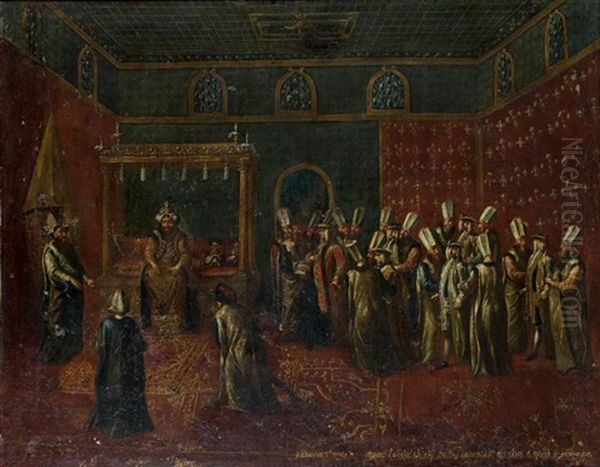 L'audience D'un Ambassadeur Par Le Sultan Et Le Diner Offert Par Le Grand Vizir A L'ambassadeur (pair)(collab. W/workshop) Oil Painting by Jean Baptiste Vanmour