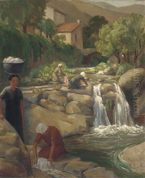 Washerwomen At Work In A Mediterranean Landscape Oil Painting by Mabel Illingworth Varley