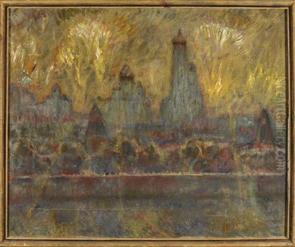 Stadtlandschaft Am Fluss Mit Feuerwerk Oil Painting by Eugeni Vasilev