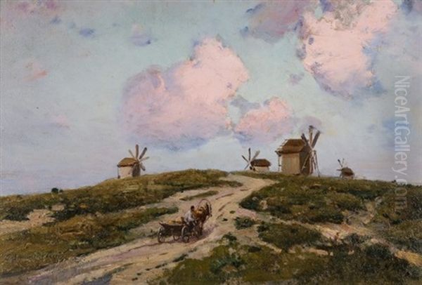 Landscape With Windmills And Horse Drawn Cart Oil Painting by Sergei Ivanovich Vasil'kovsky