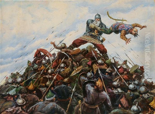 A Bogatyr Beating The Tatars Oil Painting by Viktor Vasnetsov