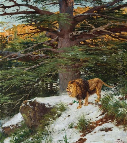 Roaring Lion Oil Painting by Geza Vastagh