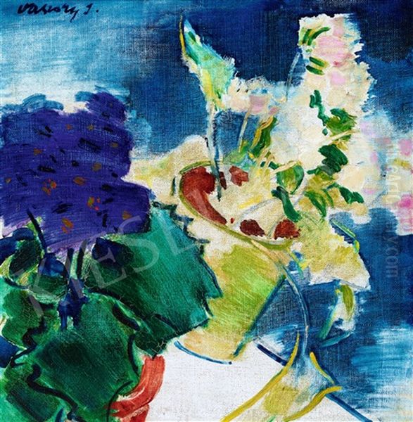 Asalea And Viola With Blue Background Oil Painting by Janos Vaszary
