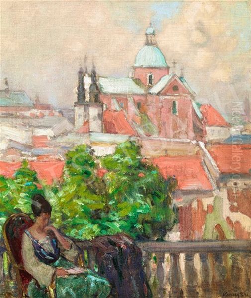 Mediterranian Landscape With A Reading Woman On The Balcony Oil Painting by Janos Vaszary