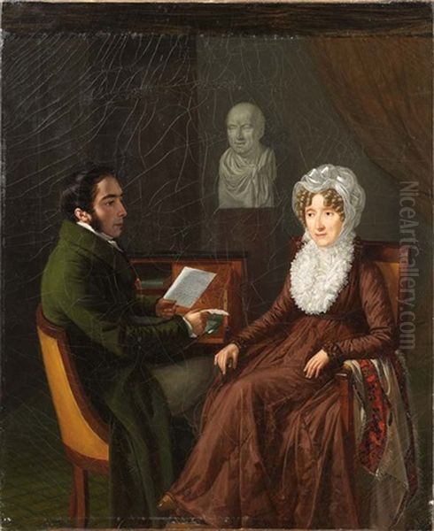 Portrait Of A Man And A Woman, Presumably Baroness Louise Deconchy Receiving Word Of Her Husband's Death In Battle Oil Painting by Jean-Joseph Vaudechamp