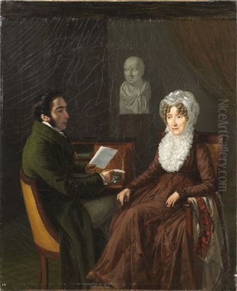 Portrait Of A Man And Woman, Presumably Baroness Louise Deconchy Receiving Word Of Her Husband's Death In Battle Oil Painting by Jean-Joseph Vaudechamp