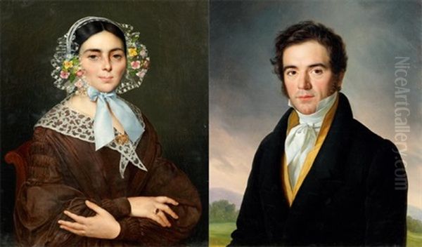 Portrait De Femme (+ Portrait D'homme Sur Fond De Paysage; Pair) Oil Painting by Jean-Joseph Vaudechamp