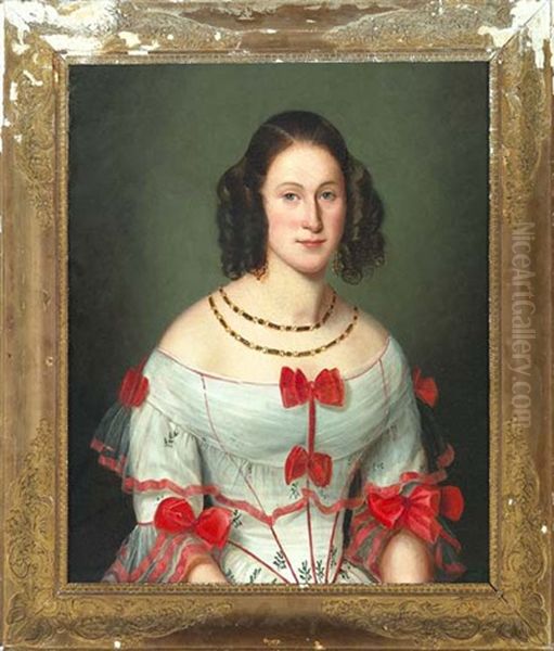 Portrait Of A Girl In A White Dress Adorned With Red Bows Oil Painting by Jean-Joseph Vaudechamp