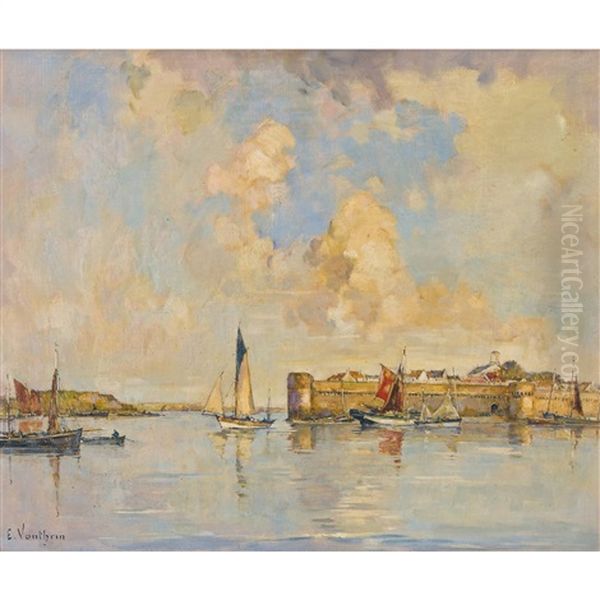 Voiliers A Concarneau Oil Painting by Ernest Germain Vauthrin