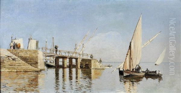 Marinha - Barcos E Figuras Junto A Cais Oil Painting by Joao Vaz