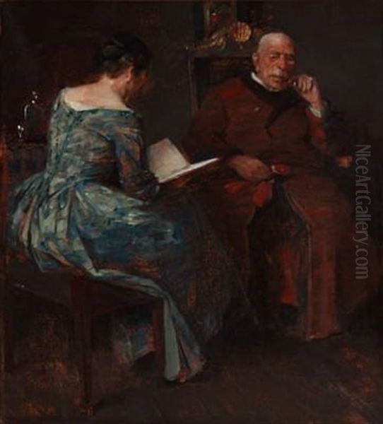 Evening Atmosphere In A Living Room, Where A Lady Is Reading For A Man Oil Painting by Herman Albert Gude Vedel
