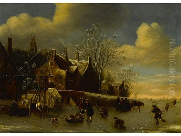 A Winter Landscape With Figures On A Frozen River Oil Painting by Balthasar Van Der Veen