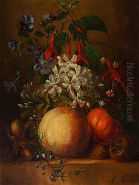 Still Life With Flowers And Fruits Oil Painting by Anna Maria Van Veeren