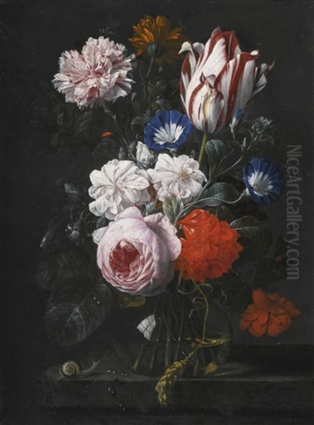 Still Life With A Tulip, A Rose, A Carnation And Other Flowers In A Glass Vase, On A Stone Ledge Oil Painting by Nicolaes van Veerendael
