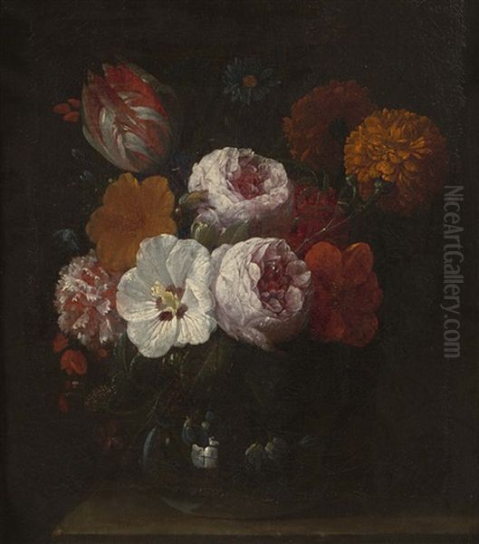 A Flower Still Life With Roses, A Carnation, A Parrot Tulip And Other Flowers, All In A Glass Vase Oil Painting by Nicolaes van Veerendael
