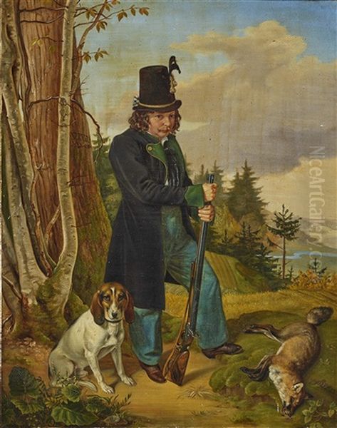 Jager Mit Hund Und Erlegtem Fuchs Oil Painting by Franz Veith