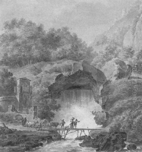Bauern Mit Vieh Auf Brucke Vor Grotte Mit Schaumendem Wasserfall Oil Painting by Johann Philipp Veith