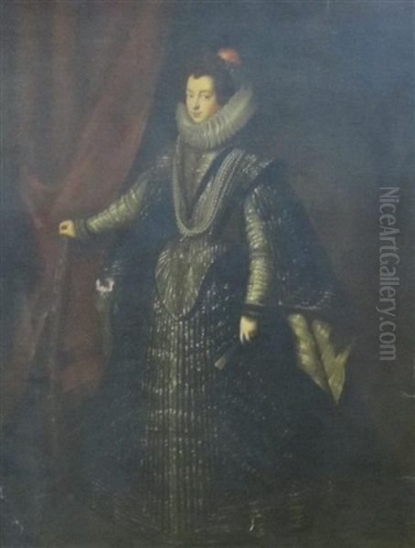 Portrait Of A Lady, Said To Be Isabella Of Bourbon Standing Full Length In An Interior, Wearing A Striped Court Dress, And White Ruff Oil Painting by Diego Rodriguez de Silva y Velazquez