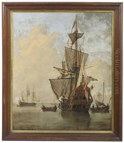 A Flag Ship Preparing To Leave The Anchorage; With A Man-o'- War Firing A Salute Beyond Oil Painting by Jan van de, II Velde
