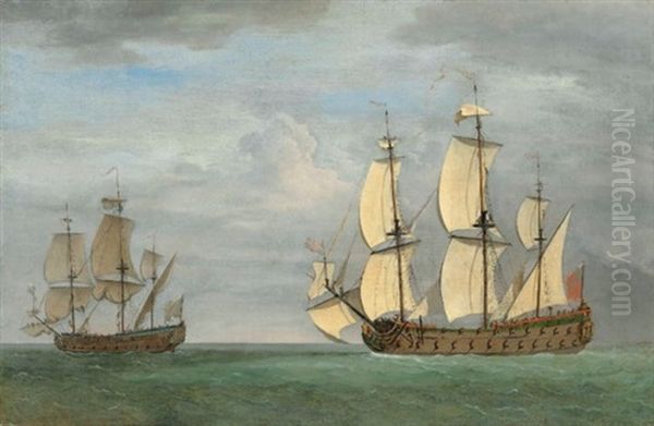 An English Ship Under A Press Of Sails Coming Up With A French Ship In A Moderate Breeze Oil Painting by Jan van de, II Velde