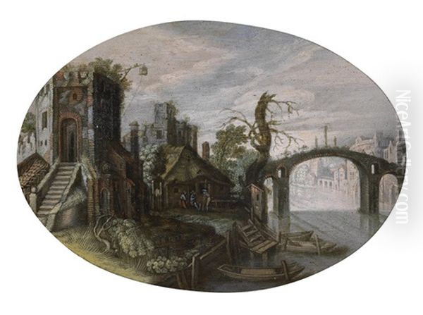 Flusslandschaft Mit Romischen Ruinen Und Einer Brucke Oil Painting by Jan van de, II Velde