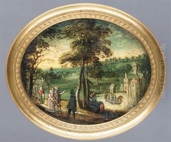 A Landscape With Elegant Figures Promenading Before A Lake With A Castle Beyond Oil Painting by Jan van de, II Velde