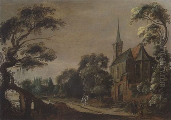Landschaft Mit Gotischer Kirche Und Figurenstaffage Oil Painting by Jan van de, II Velde