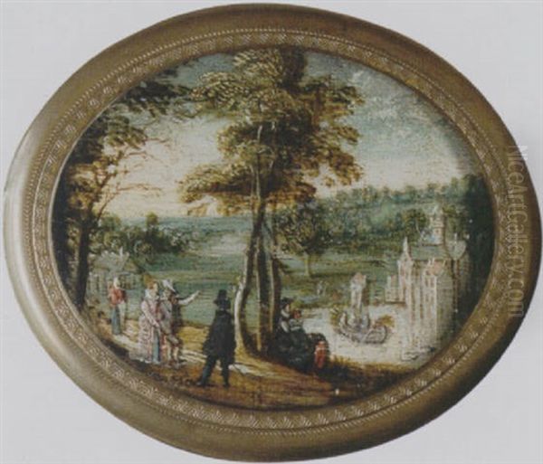 A Landscape With Elegant Figures Promenading Before A Lake, A Castle Beyond Oil Painting by Jan van de, II Velde
