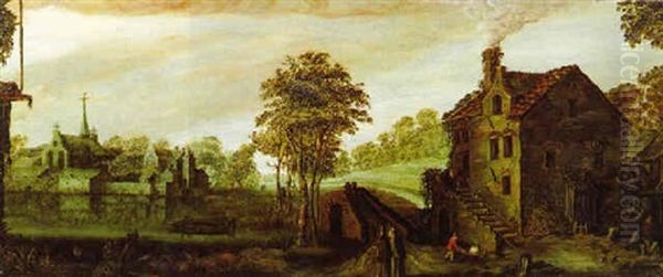 Bewaldete Landschaft Mit Einer Muehle, Bauernhaus Und Einem Kloster An Einem Wasserlauf Oil Painting by Jan van de, II Velde