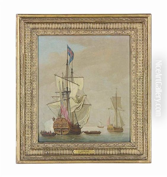 An English Sixth-rate Ship Firing A Salute As A Ship's Barge Leaves Her, Other Shipping Beyond Oil Painting by Willem van de, the Elder Velde