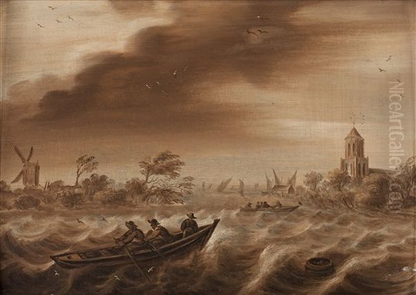Stormy Sea With Figures In Boat Oil Painting by Willem van de, the Elder Velde
