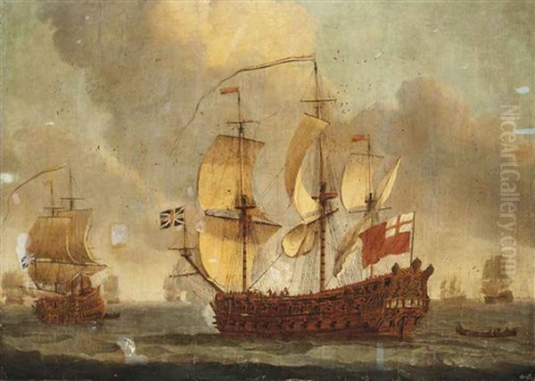 An English Fourth Rate Ship-of-the-line, Thought To Be The 46-gun H.m.s. Mordaunt, Announcing Her Departure From The Fleet Anchorage Oil Painting by Willem van de, the Elder Velde