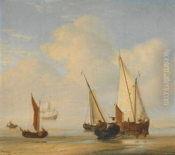 A Smalschip With Sail Set At Anchor Close To The Shore And A Boeier Laid Ashore Oil Painting by Willem van de, the Elder Velde