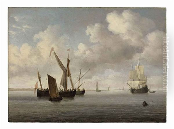 A Galjoot And A Smalschip At Anchor Approached By A Small Kaag, A Flute Under Sail And Other Vessels Beyond Oil Painting by Willem van de, the Elder Velde