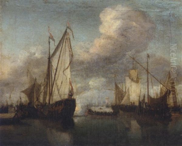 A States Yacht And Many Other Vessels In A Very Light Air Oil Painting by Willem van de, the Elder Velde